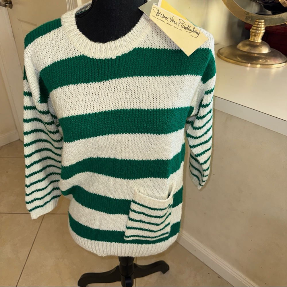 NWT Vintage Diane Von Furstenberg Green Stripe Knit Sweater in size M